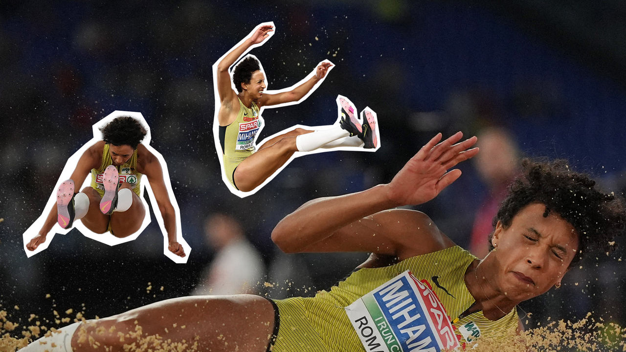 Fotocollage - Malaika Mihambo springt, fliegt und landet in Sprunggrube