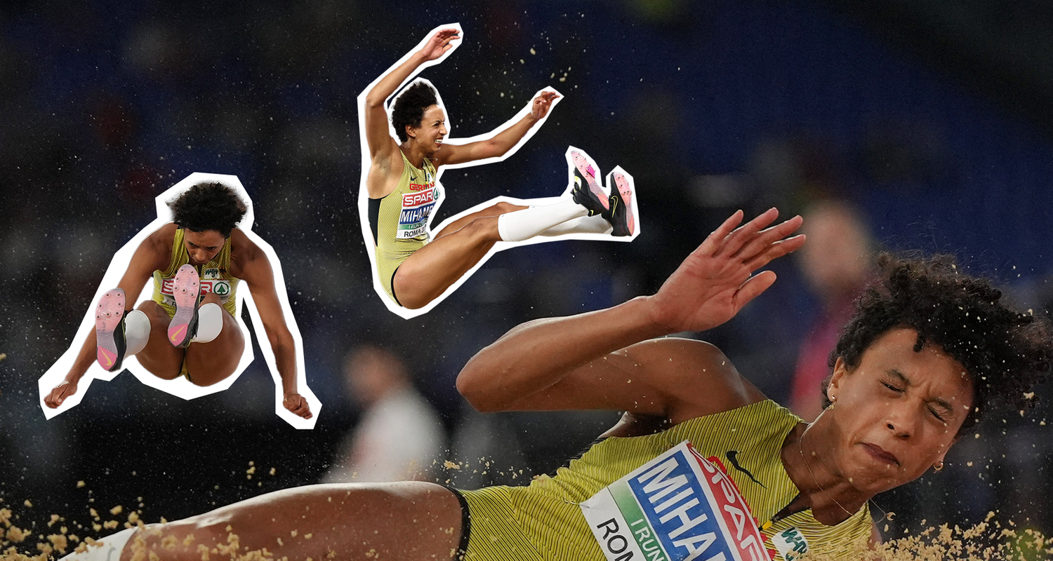 Fotocollage - Malaika Mihambo springt, fliegt und landet in Sprunggrube