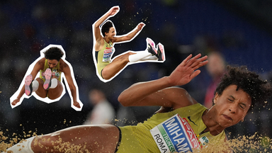Fotocollage - Malaika Mihambo springt, fliegt und landet in Sprunggrube