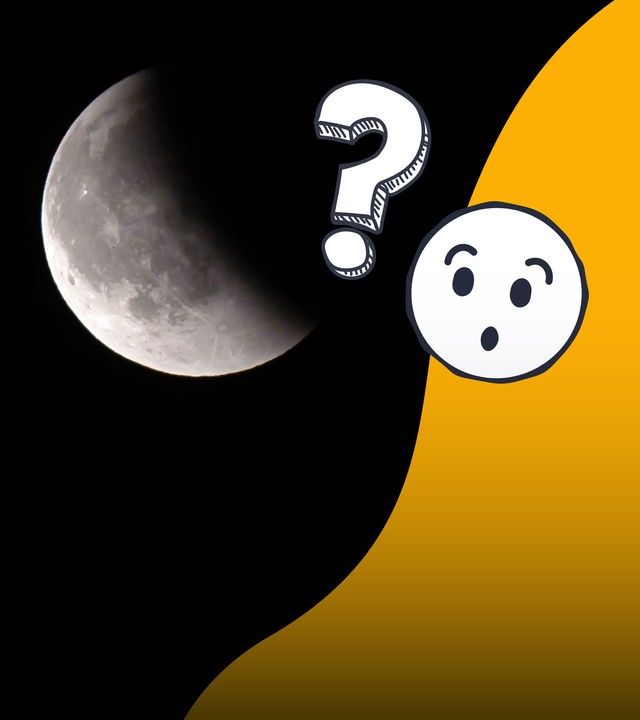Auf dem Bild sieht man eine Mondfinsternis, ein Emoji und ein Fragezeichen. 