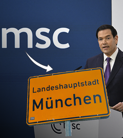 Mark Rubio auf der MSC, das Ortsschild von München und eine Stadtansicht von München 