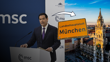 Mark Rubio auf der MSC, das Ortsschild von München und eine Stadtansicht von München 
