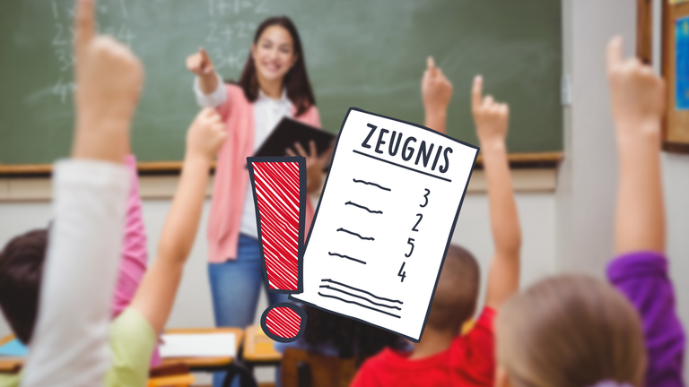 Schüler im Vordergrund, Lehrerin im Hintergrund. Schüler melden sich. 