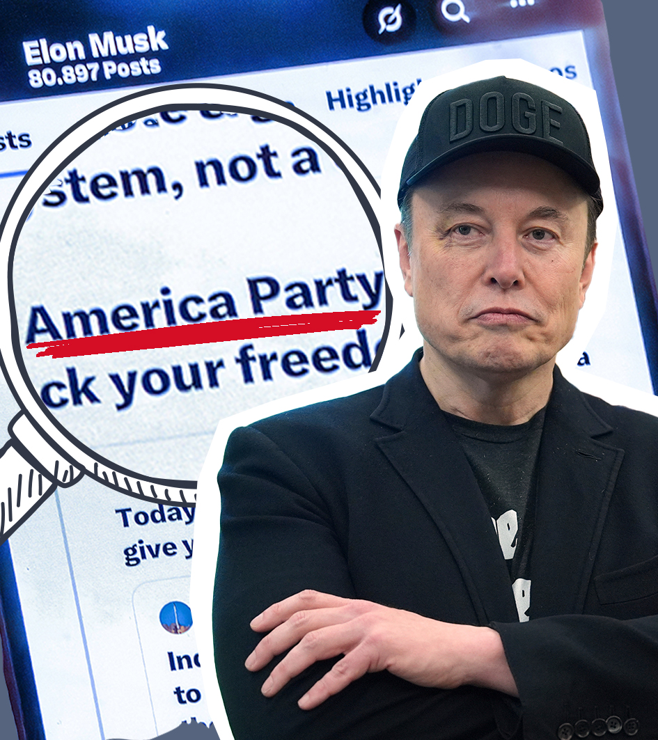 Elon Musk mit verschränkten Armen, Handy im Hintergrund mit Tweet über "America Party".