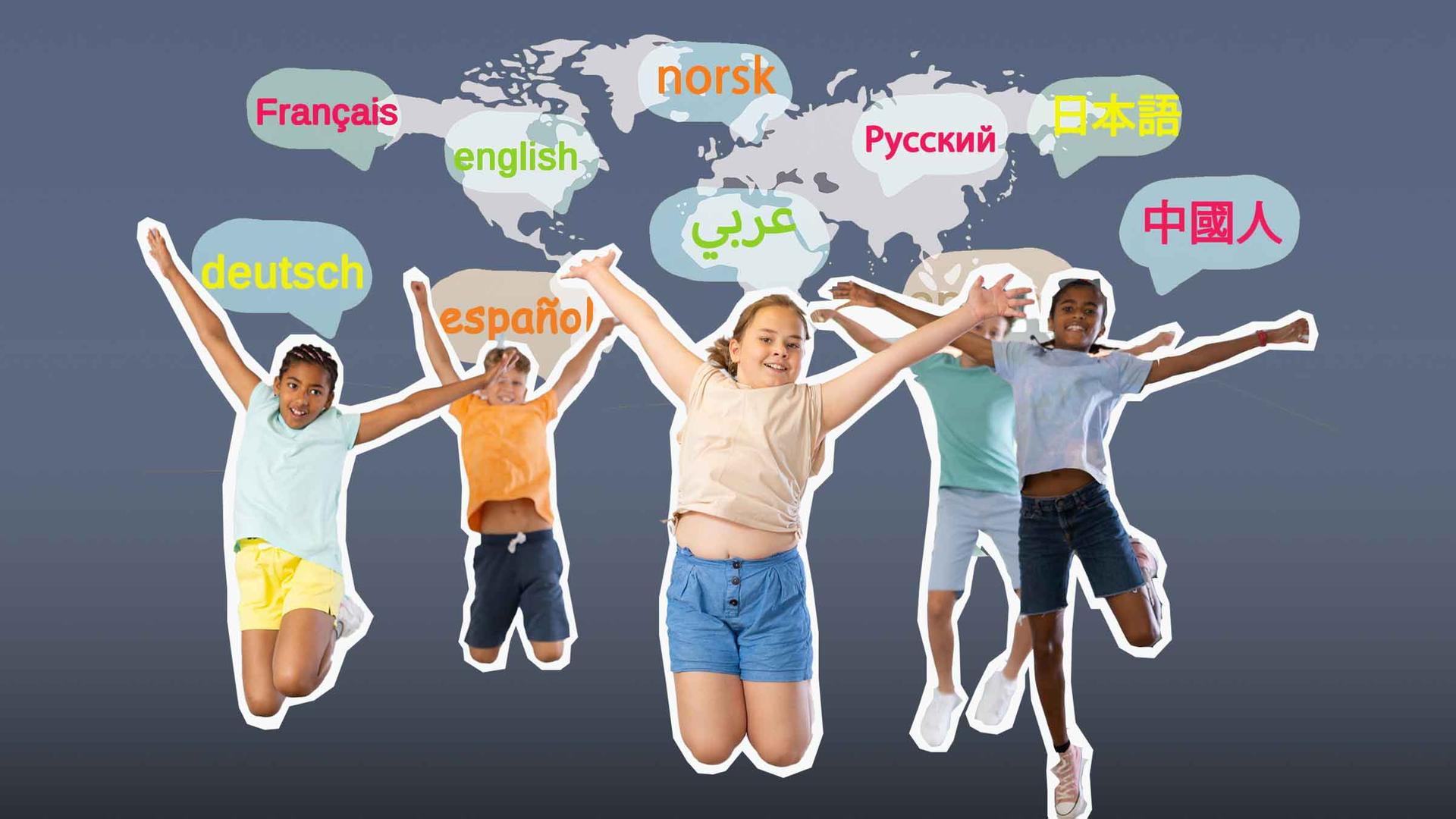 springende Kinder, im Hintergrund Weltkarte und Sprechblasen mit verschiedenen Sprachen.