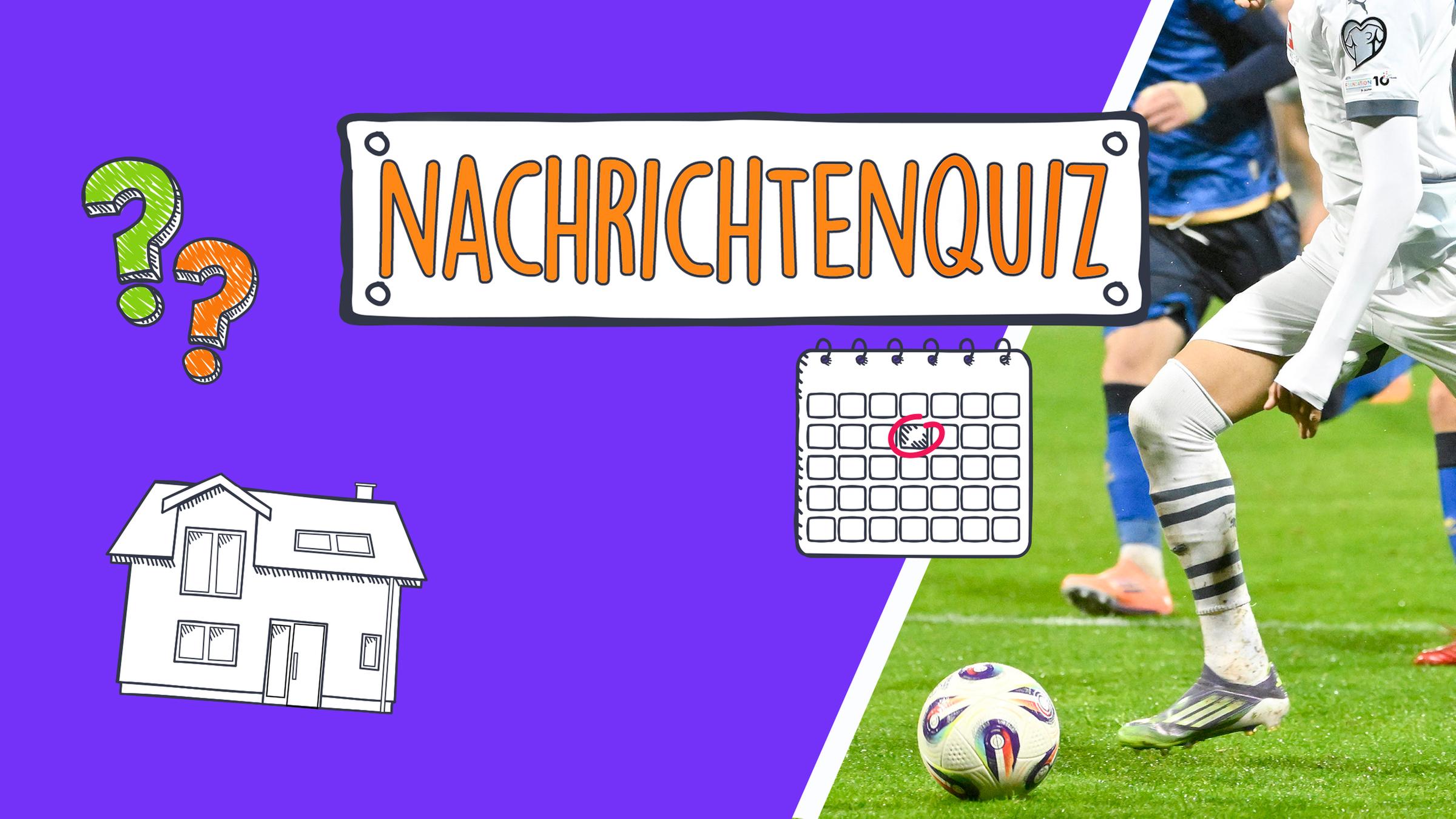 Auf dem Bild sind fußballspielende Füße zu erkennen. Außerdem ein Kalender und die Bildüberschrift "Nachrichtenquiz der Woche".