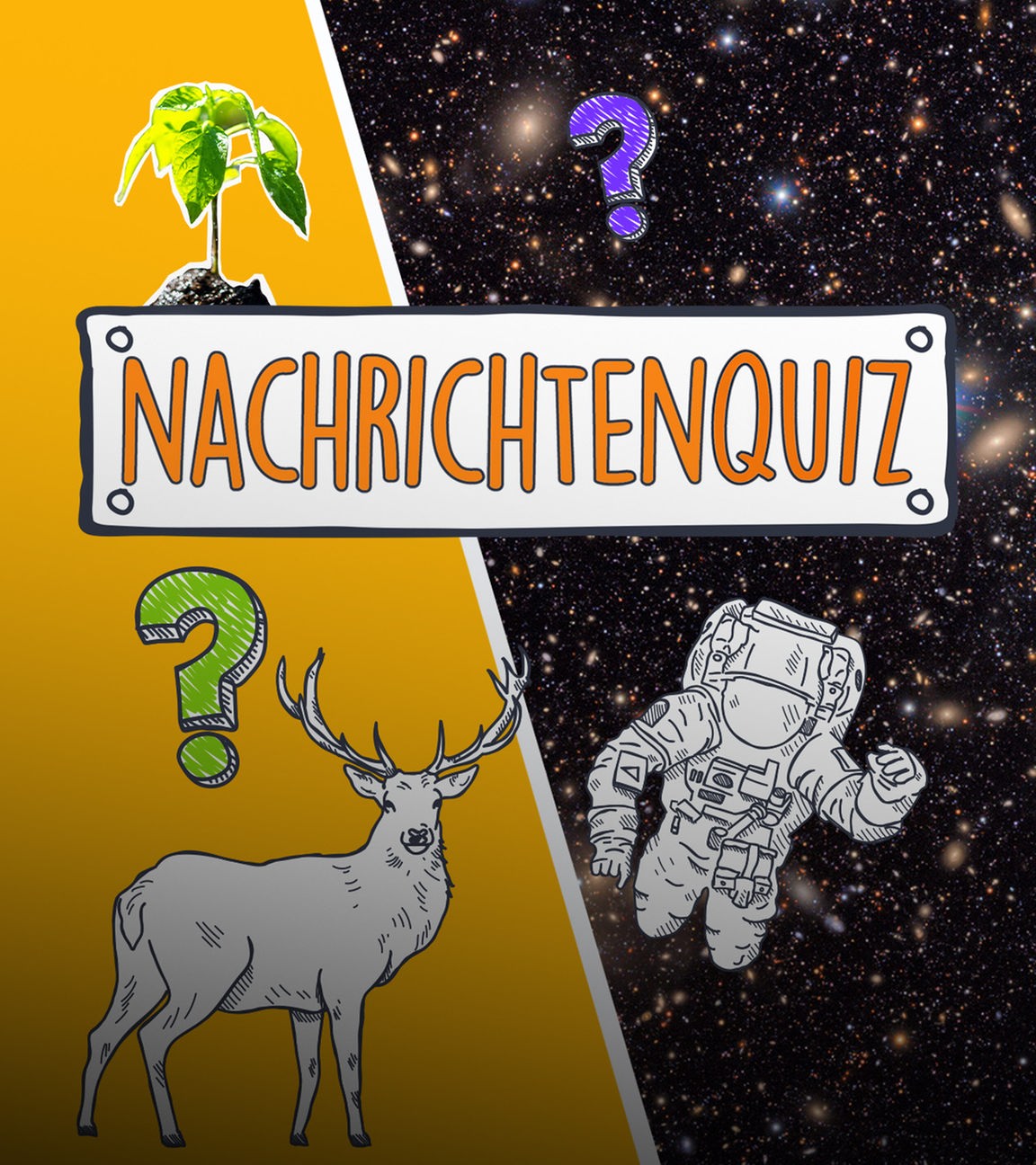 Auf dem Bild sind die Umrisse eines Astronauten und eines Hirsches zu erkennen. Außerdem sieht man einen Keimlingt.