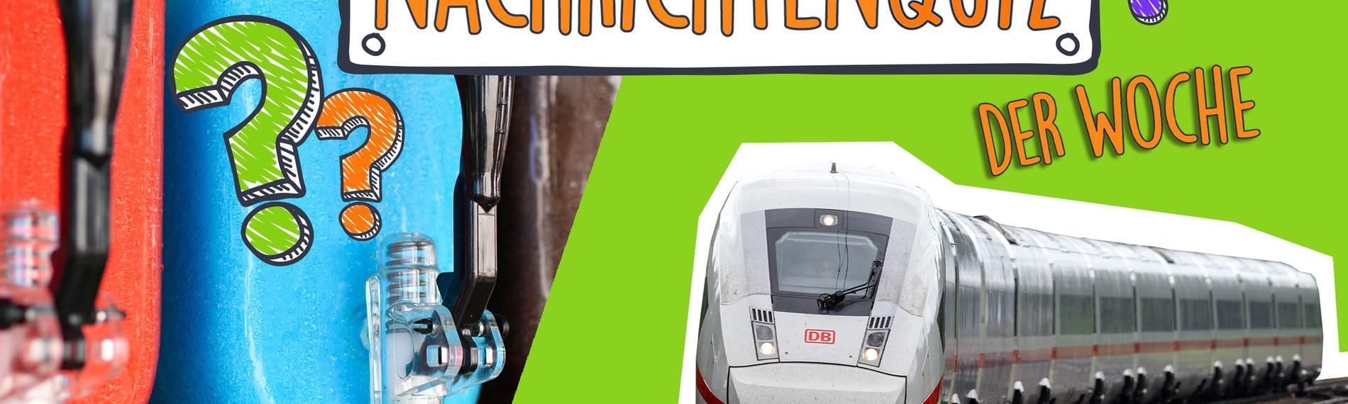 Eine Collage zeigt einen Zug auf der rechten Seite auf grünem Hintergrund, links davon ein Bild von einer Slusheis-Maschine mit rotem und blauen Slush-Eis, darüber steht Nachrichtenquiz der Woche mit drei bunten Fragezeichen.