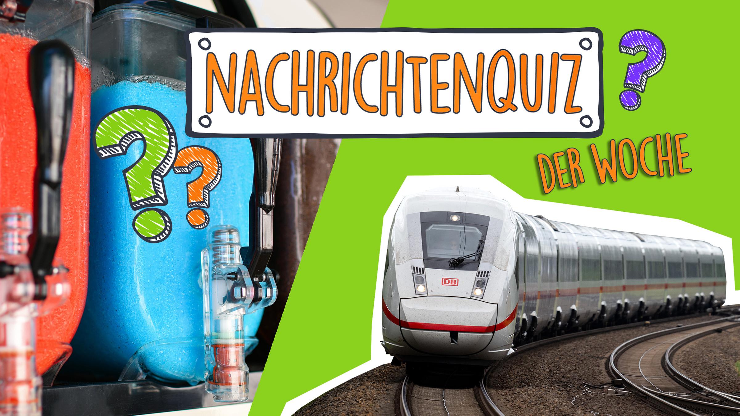 Eine Collage zeigt einen Zug auf der rechten Seite auf grünem Hintergrund, links davon ein Bild von einer Slusheis-Maschine mit rotem und blauen Slush-Eis, darüber steht Nachrichtenquiz der Woche mit drei bunten Fragezeichen.