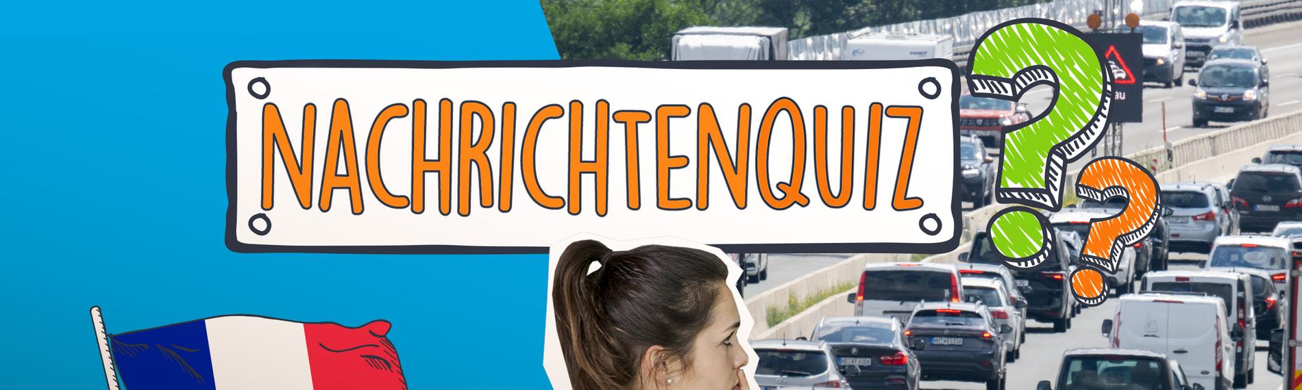 Eine Collage aus der Frankreich-Flagge, einer jungen Frau, die nachdenkt und einem Stau.