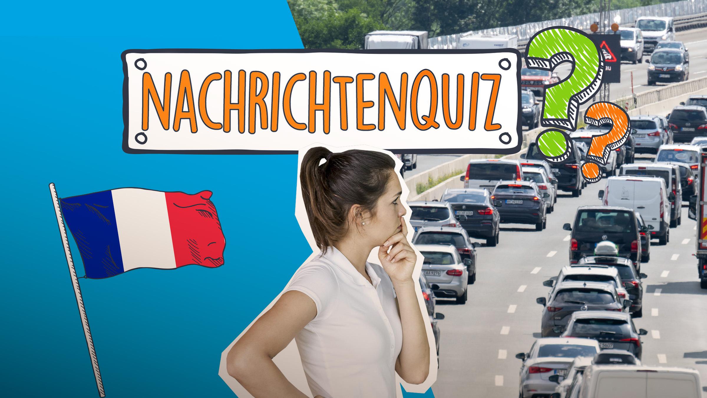 Eine Collage aus der Frankreich-Flagge, einer jungen Frau, die nachdenkt und einem Stau.