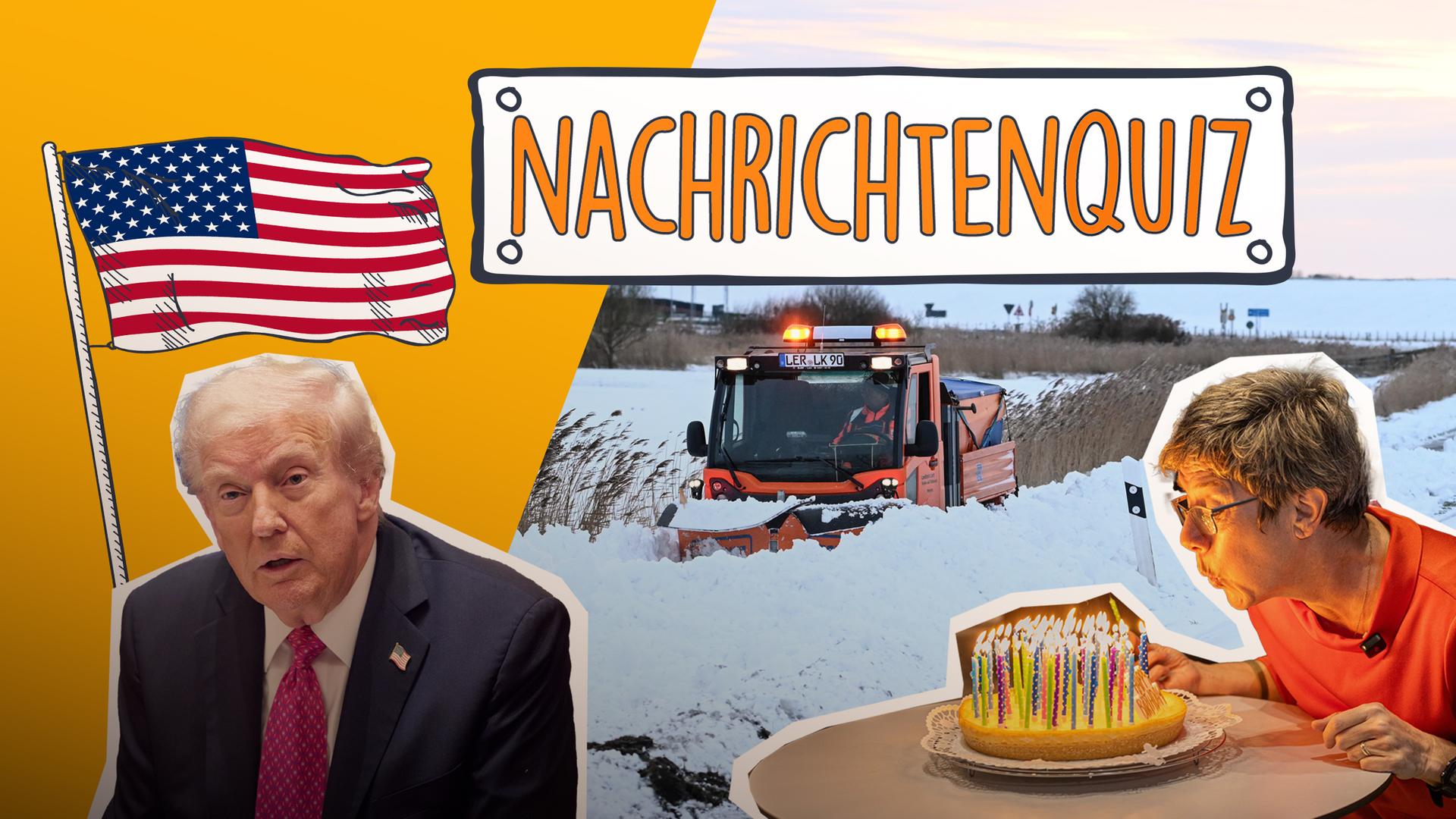 Eine Kollage aus Donald Trump und der Flagge der USA, einem Geburtstagskuchen und einer verschneite Landschaft mit dem Schriftzug Nachrichtenquiz