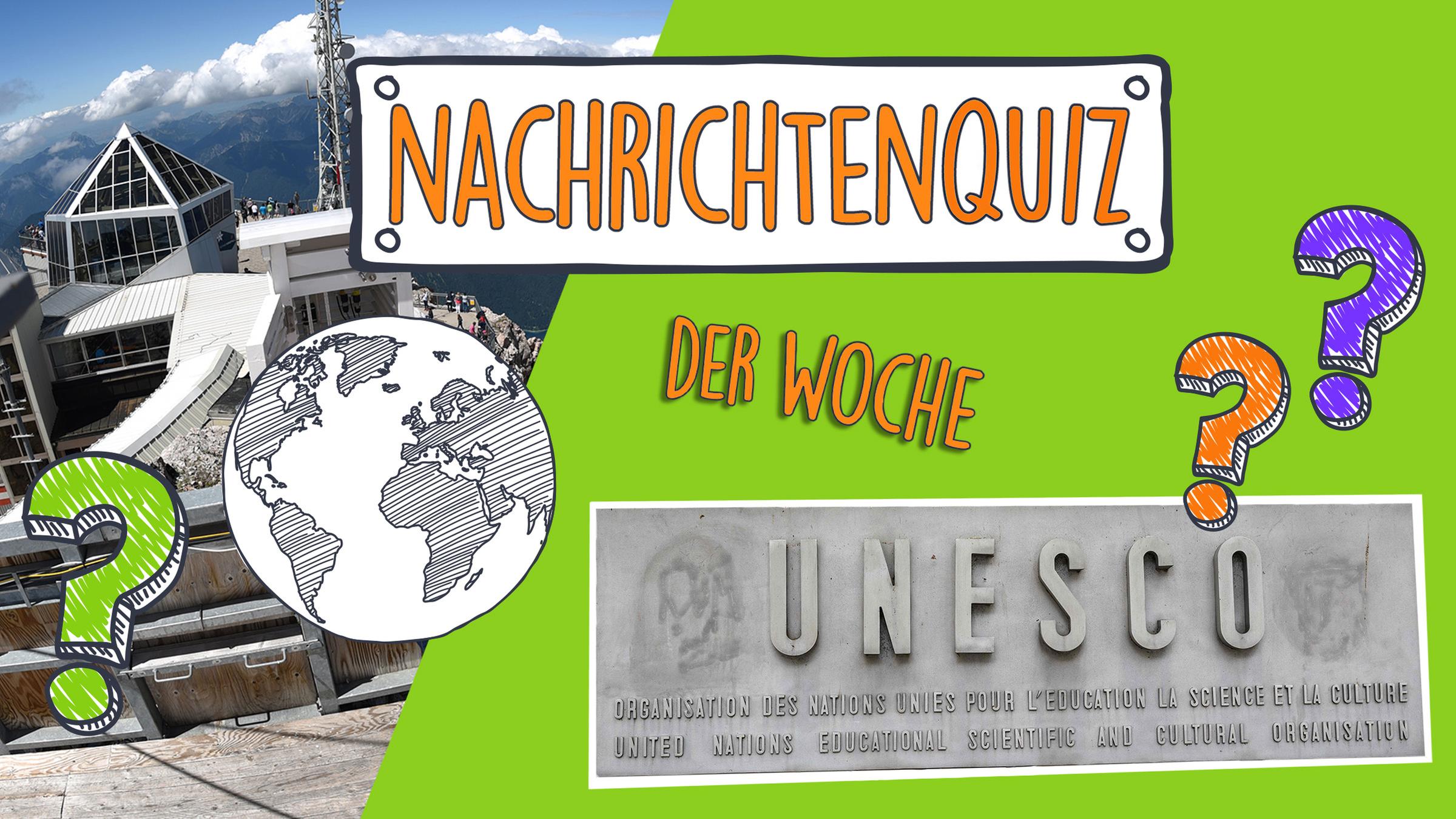 Kollage aus einem Bild der Wetterstation auf der Zugspitze, einer Weltkugel und dem Schriftzug UNESCO. Dazu drei bunte Fragezeichen in lila, grün und orange.