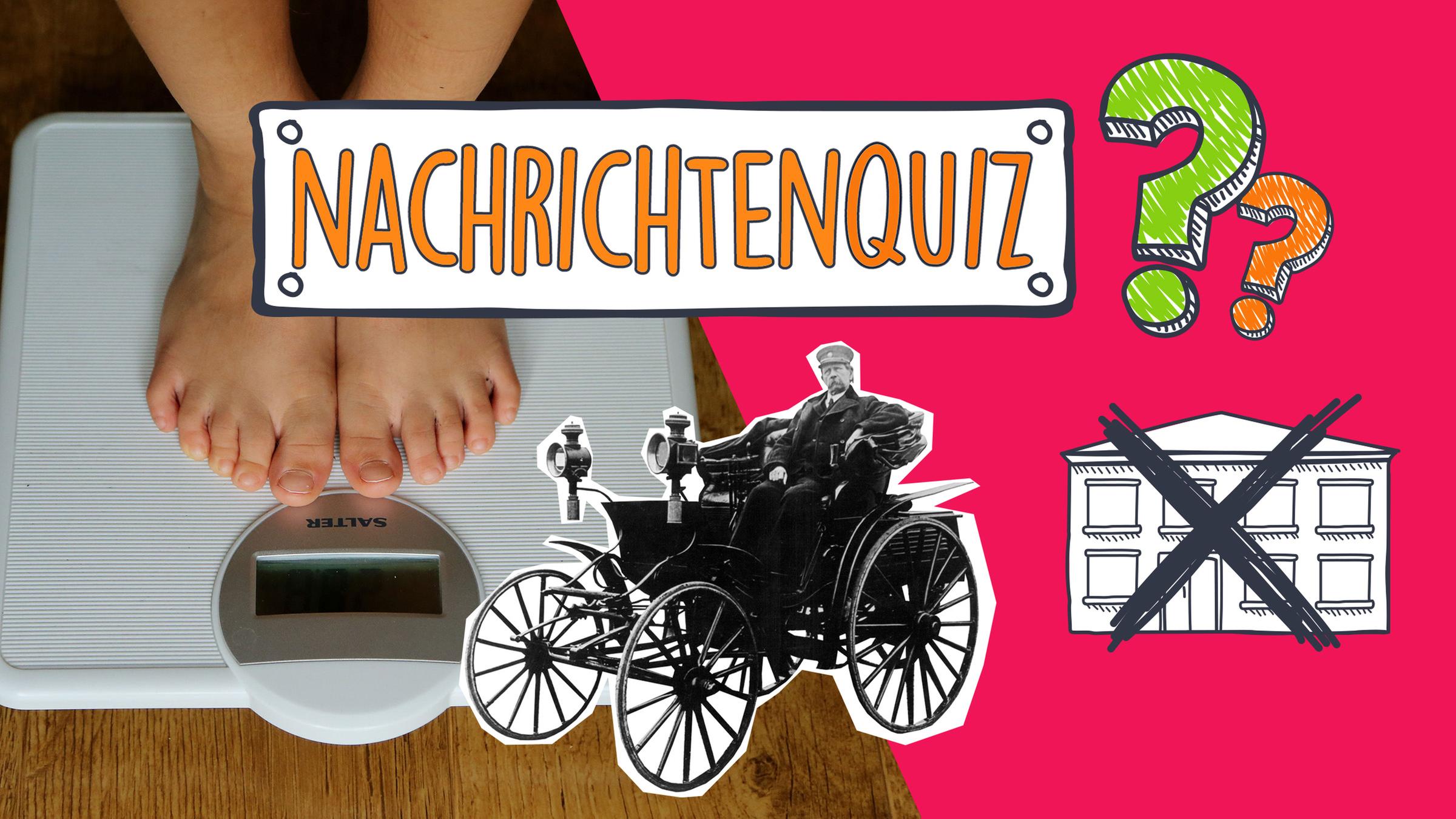 Eine Collage aus dem Banner "Nachrichtenquiz", einer Person, die auf einer Waage steht, dem Erfinder des Autos und einem durchgestrichenen Haus.