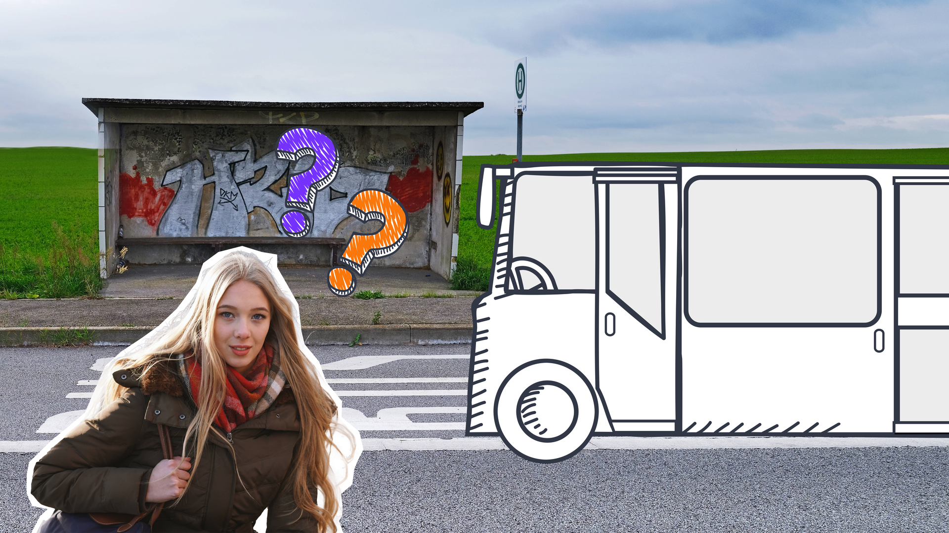 Leere Bushaltestelle in der Uckermark, dazu eine Grafik von einem Bus und eine Jugendliche