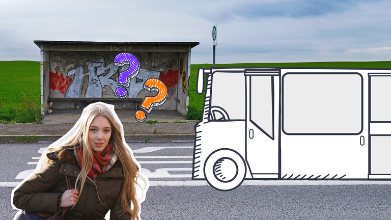 Leere Bushaltestelle in der Uckermark, dazu eine Grafik von einem Bus und eine Jugendliche