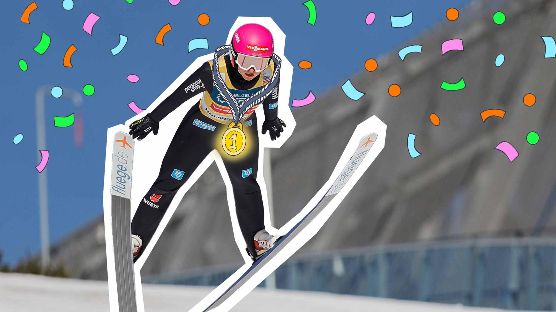 Nathalie Armbruster springt auf der Schanze, sie trägt einen schwarz-gelben Anzug und einen pinken Helm.