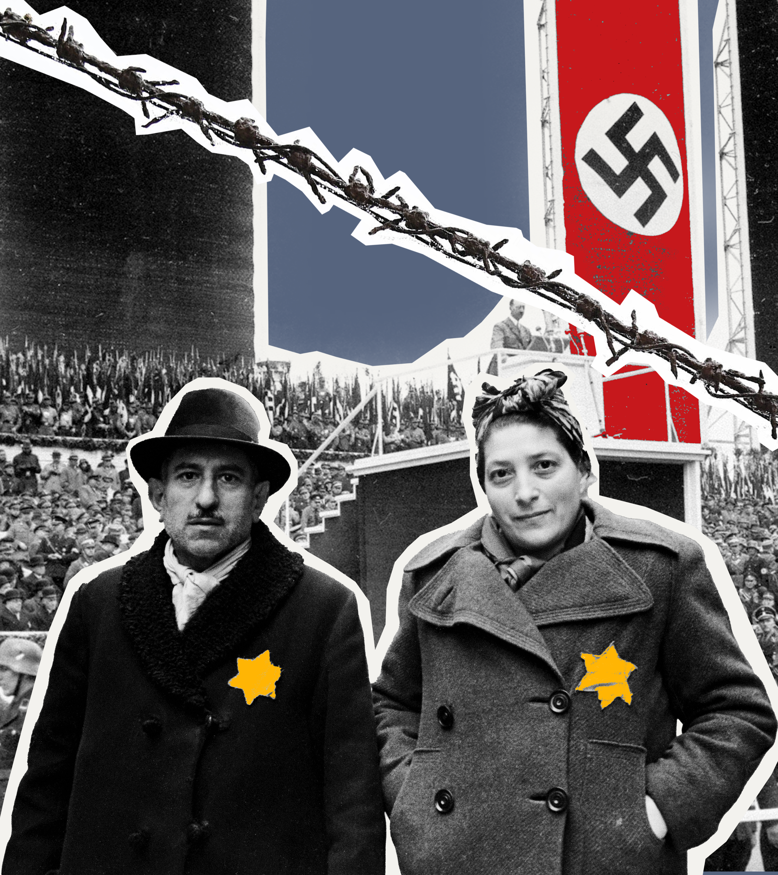 Hitler hält eine Rede auf dem Tempelhofer Feld, davor jüdisches Paar mit Judenstern und ein Stück Stacheldraht.