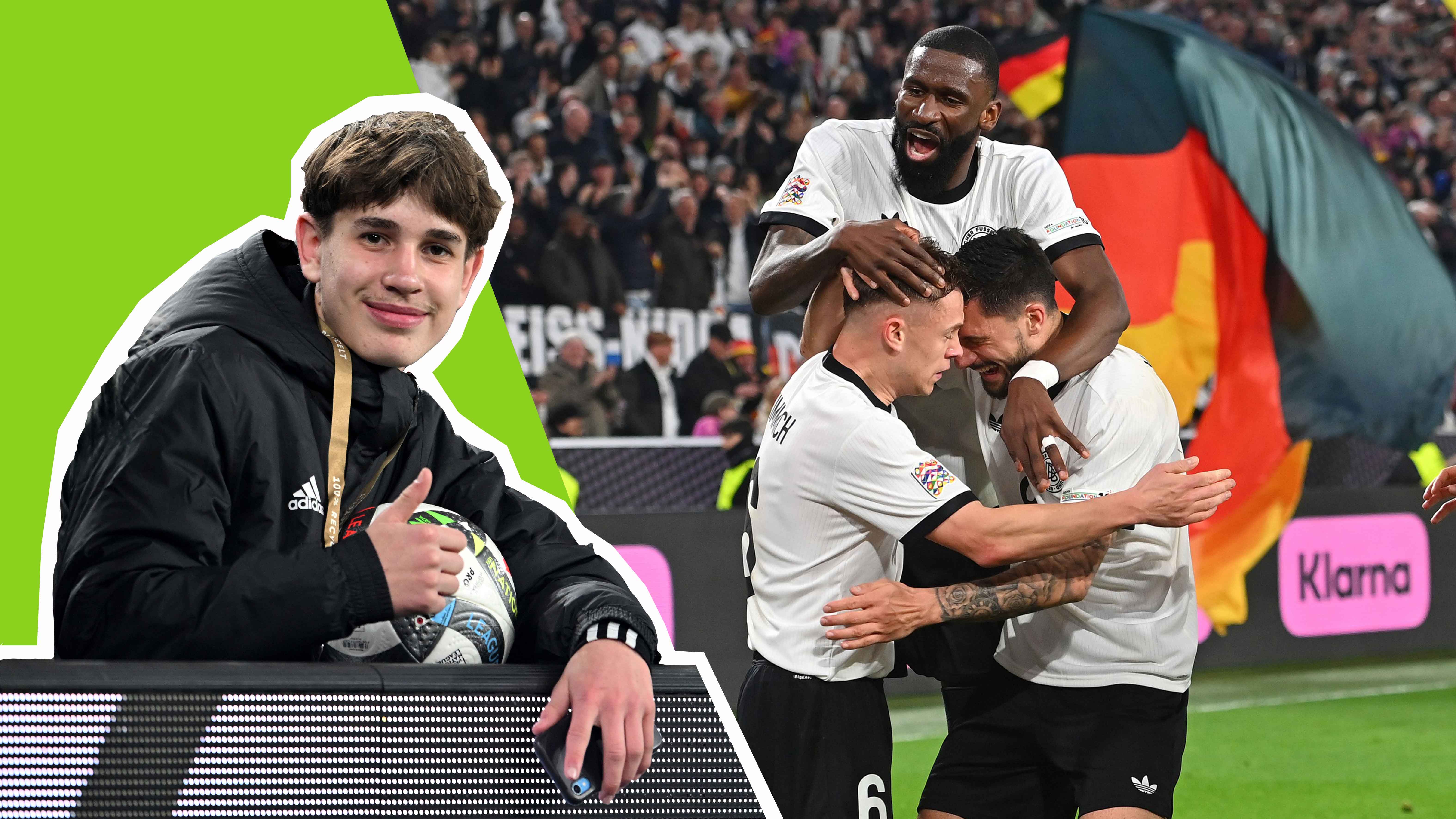 Nations League Spiel gegen Italien: Der Torjubel nach dem 2:0 und links im Bild Balljunge Noel.