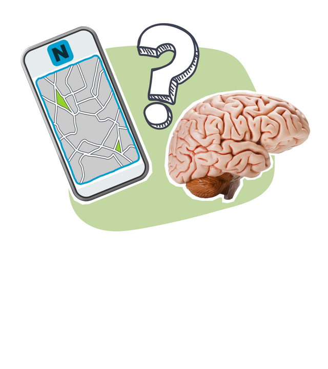 Grafik: Ein Gehirn und ein Handy sind auf grünem Hintergrund abgebildet. Zwischen beiden ist ein weißes Fragezeichen.