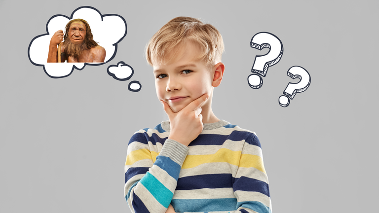 Junge grübelt, Gedankenblase Neandertaler 