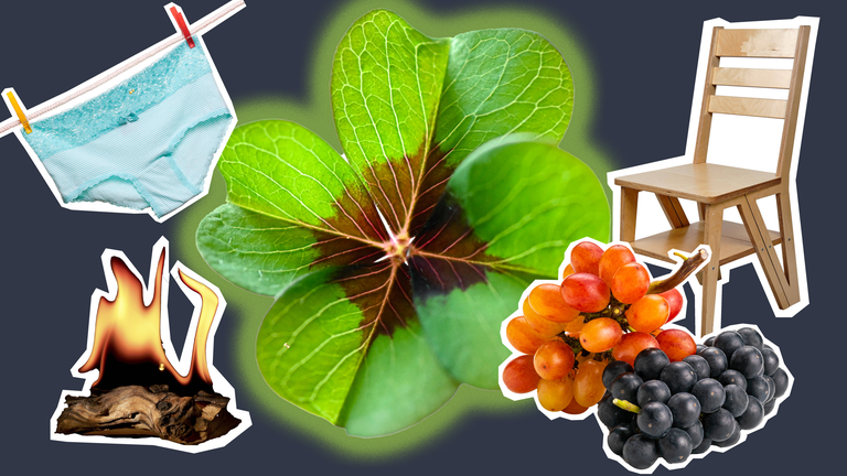 Ein Kleeblatt im Hintergrund, ein Feuer, ein Stuhl, Unterwäsche und Trauben.