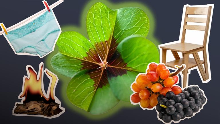 Ein Kleeblatt im Hintergrund, ein Feuer, ein Stuhl, Unterwäsche und Trauben.