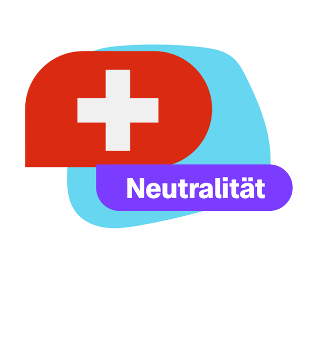 Schweizer Flagge vor blauem Hintergrund, rechts daneben der Schriftzug „Neutralität“ in einem violetten Feld.