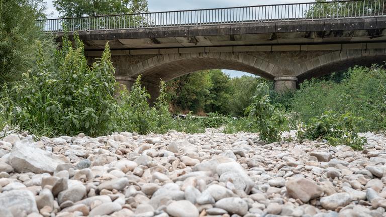 Kieselsteine und ein paar Pflanzen sind im Vordergrund dieses Bildes zu sehen. Im Hintergrund führt eine Brücke darüber und macht deutlich, dass es sich um ein ausgetrocknetes Flussbett handelt.