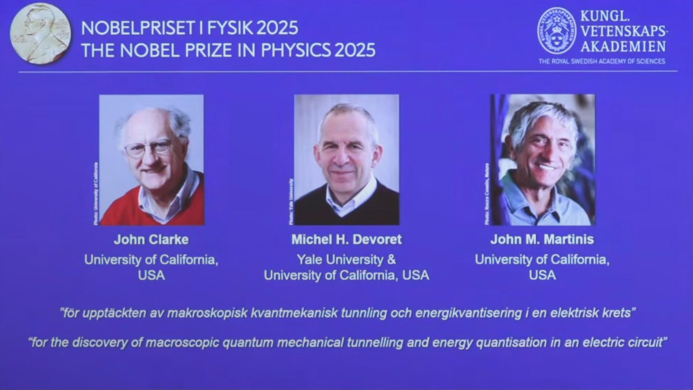 Die drei Gewinner John Clarke, Michel H. Devoret und John M. Martinis des Physik-Nobelpreises. 