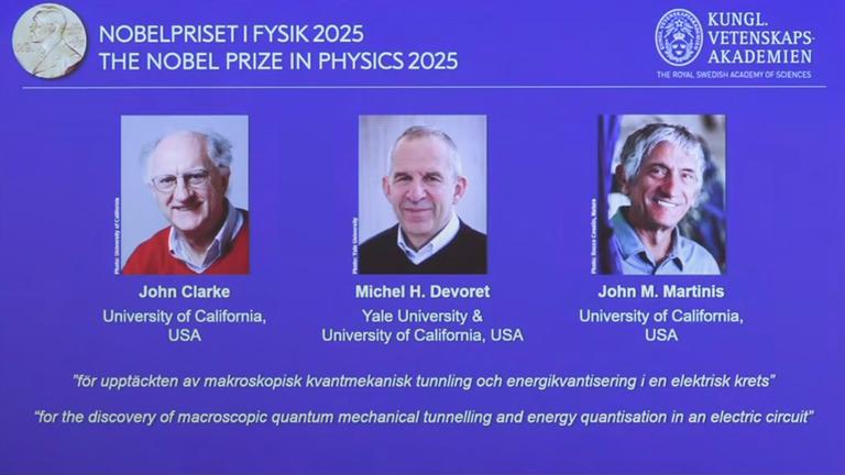 Die drei Gewinner John Clarke, Michel H. Devoret und John M. Martinis des Physik-Nobelpreises. 
