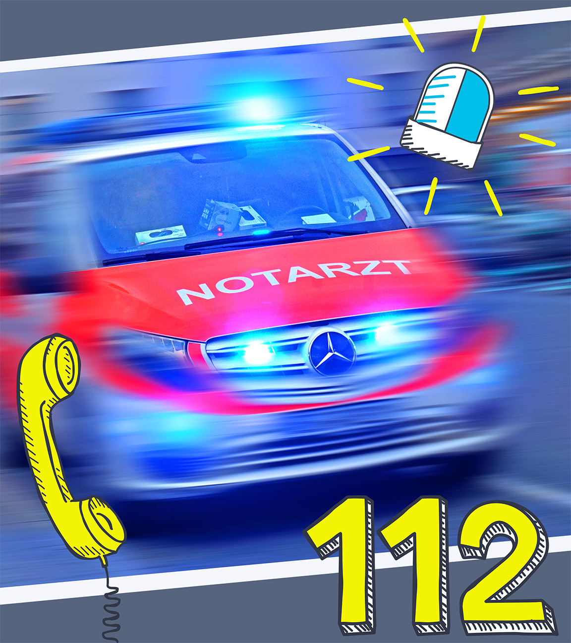 Ein Rettungswagen mit einem Telefonhörer, einem Blaulicht und der Nummer 112.