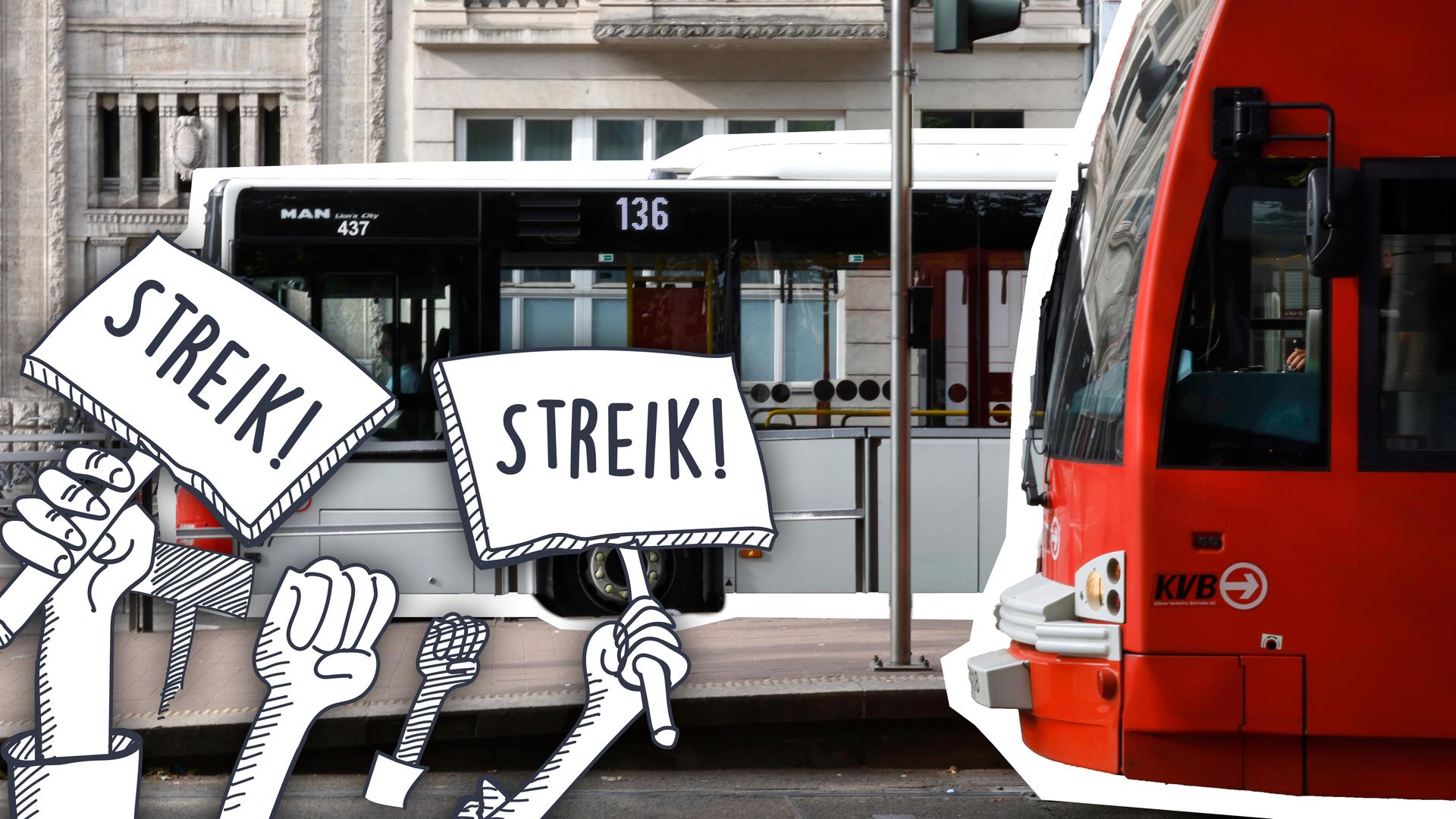 Eine Straßenbahn und ein Bus, davor gezeichnete Hände und Schilder von Streikenden