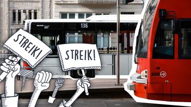 Eine Straßenbahn und ein Bus, davor gezeichnete Hände und Schilder von Streikenden