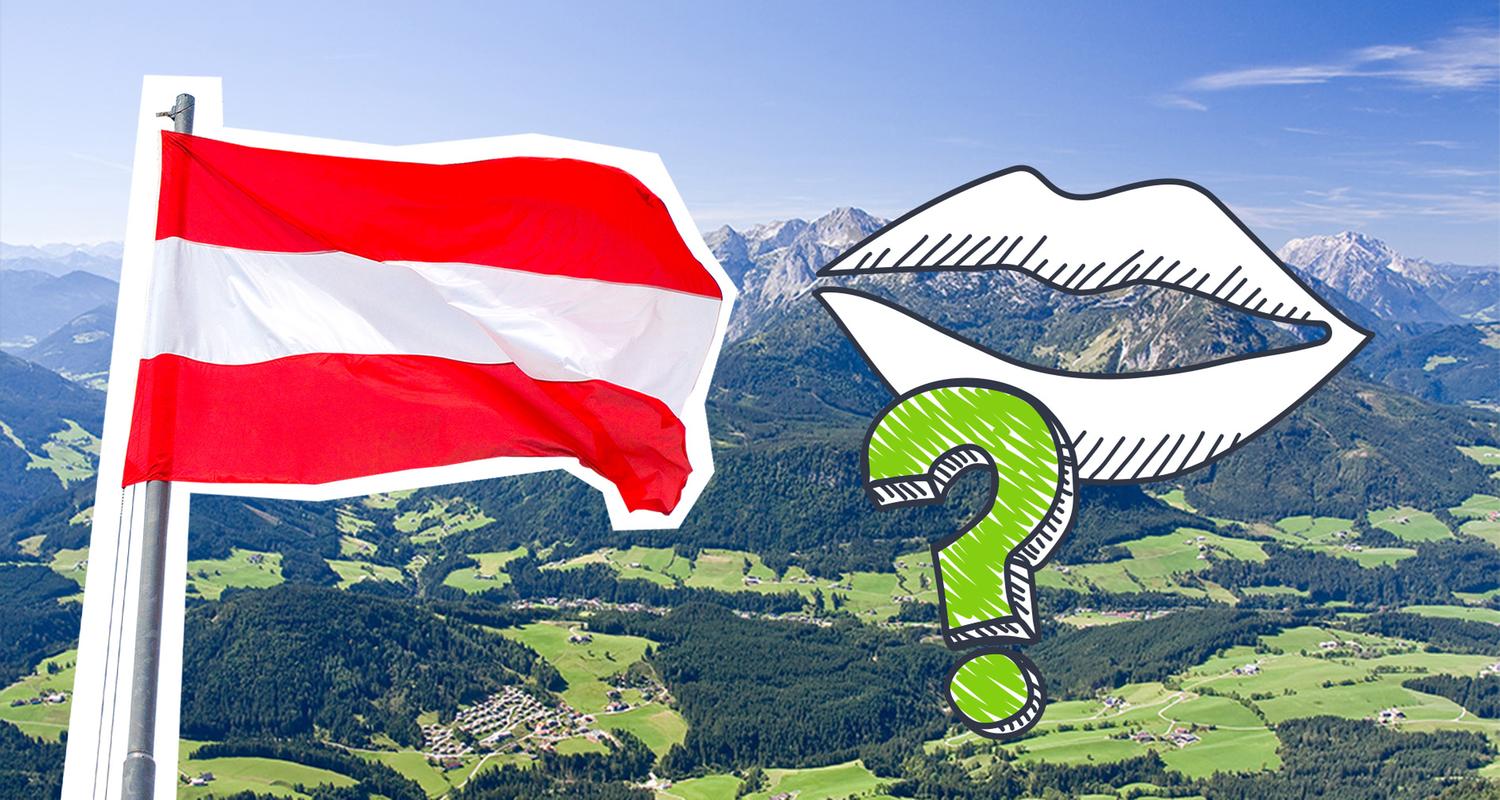 Eine Montage aus einem Fragezeichen, einer Lippe, Bergen und der österreichischen Flagge.