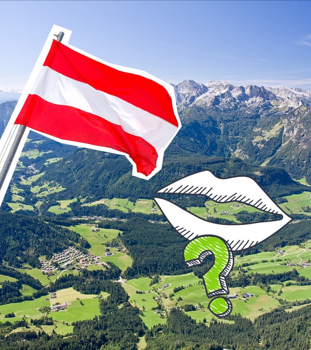 Eine Montage aus einem Fragezeichen, einer Lippe, Bergen und der österreichischen Flagge.