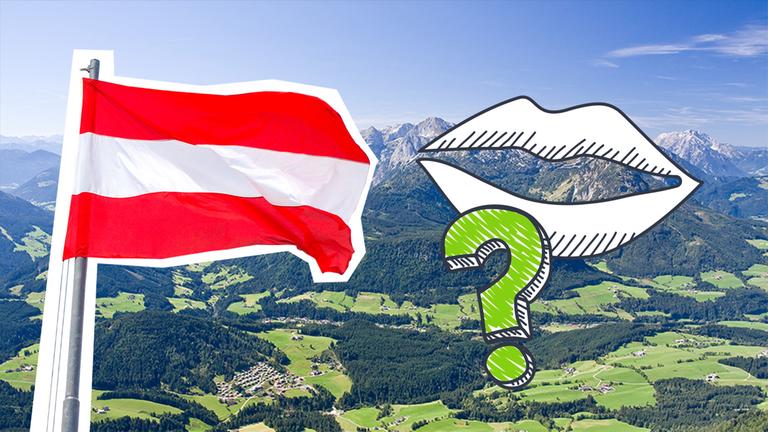 Eine Montage aus einem Fragezeichen, einer Lippe, Bergen und der österreichischen Flagge.