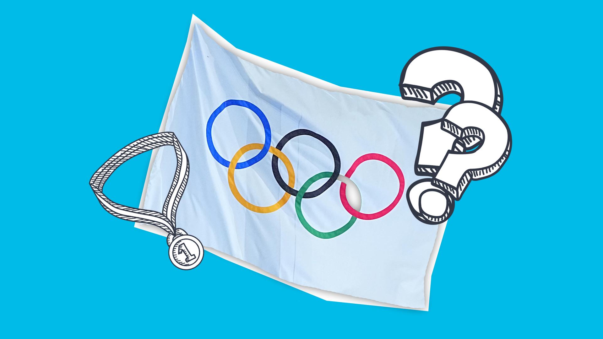Olympische Flagge und Fragezeichen