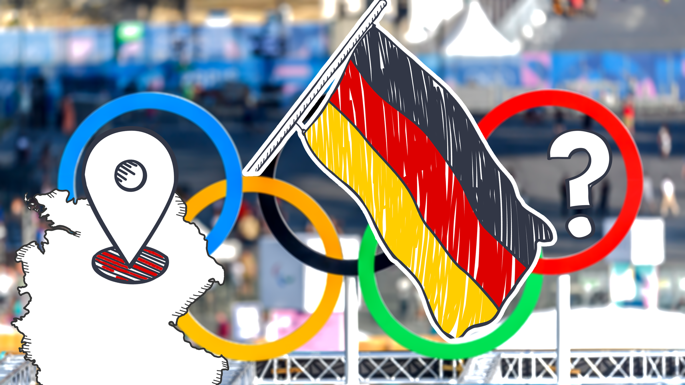 Eine Deutschlandfahne vor den Olympischen Ringen und ein Fragezeichen 
