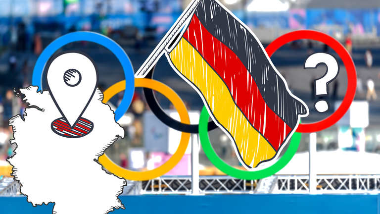 Eine Deutschlandfahne vor den Olympischen Ringen und ein Fragezeichen 