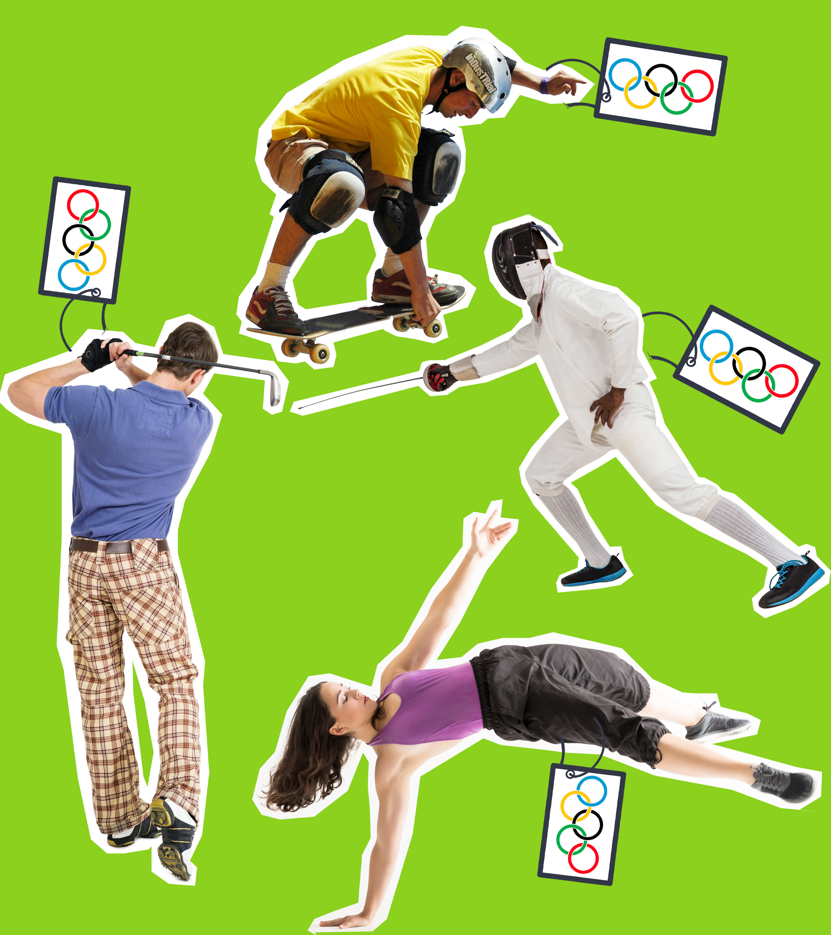 Ein Golfer, ein Skater, eine Breakdancerin und ein Fechter ausgeschnitten und mit Olympia-Etikett