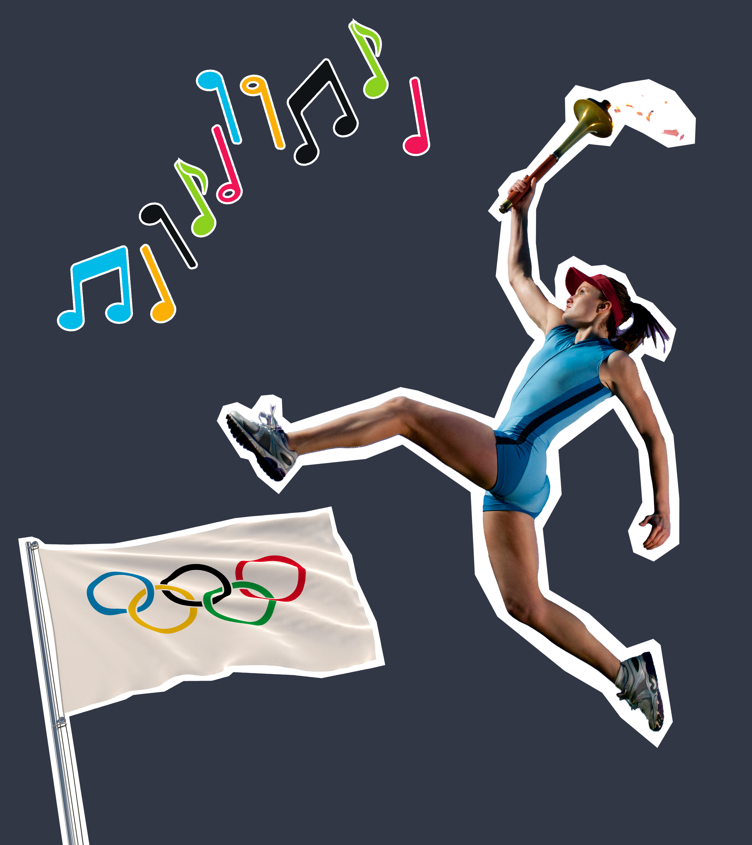 die olympische Flagge, eine Athletin mit olympischer Fackel und Noten in Olympia-Farben