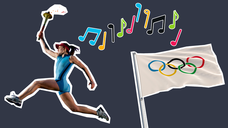 die olympische Flagge, eine Athletin mit olympischer Fackel und Noten in Olympia-Farben