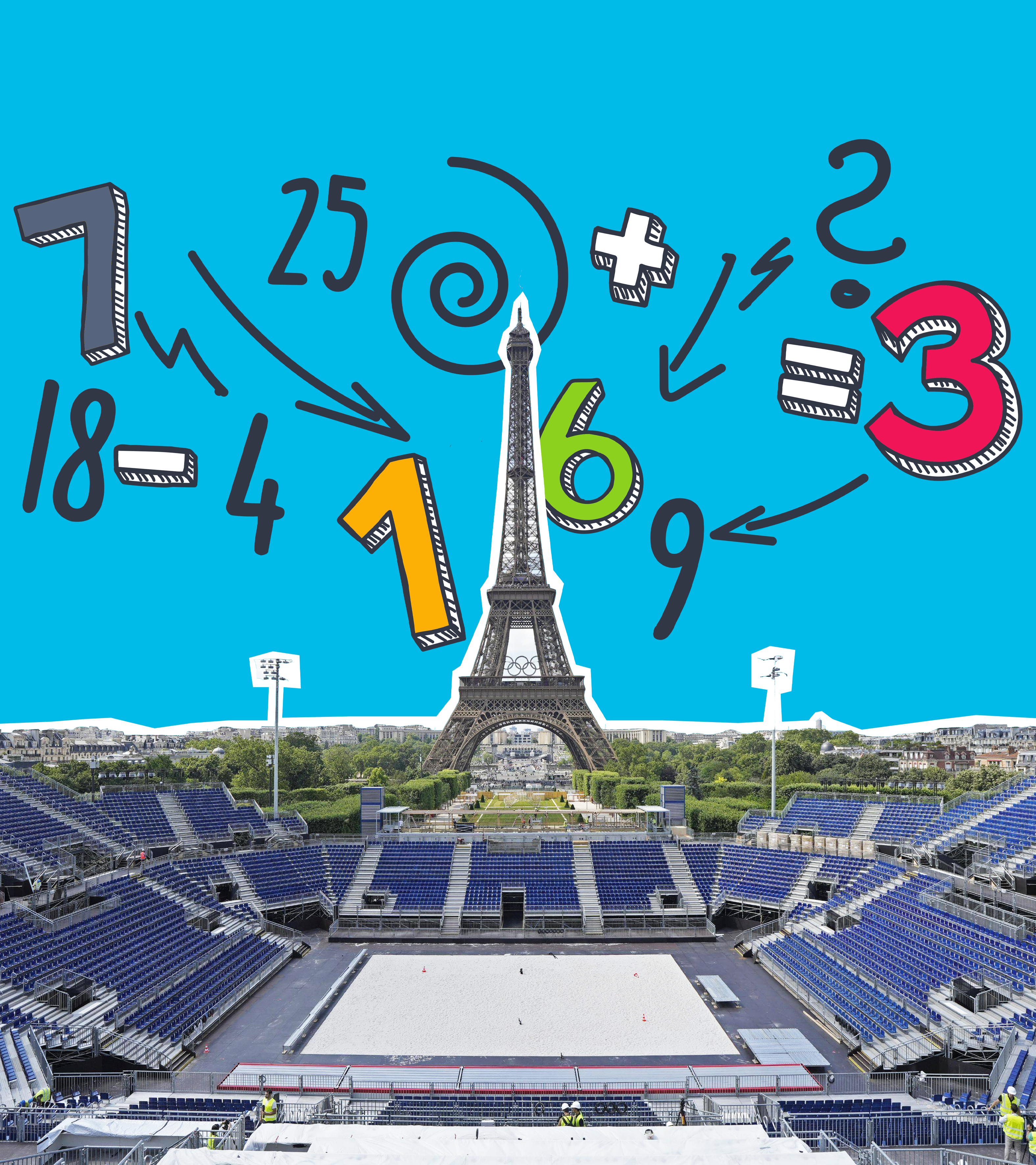 Eiffelturm-Stadion in Paris ausgeschnitten, drumeherum bunte Zahlen