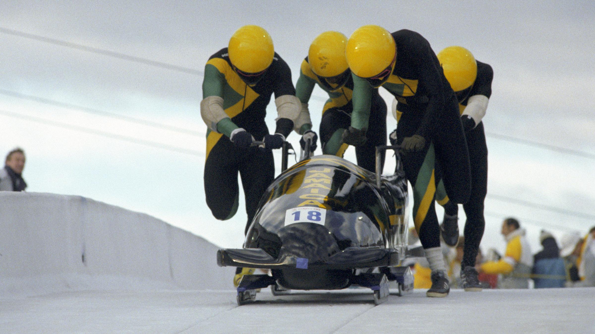Das jamaikanische Vierer-Bob Team während der Olympischen Winterspiele 1988 in Calgary.