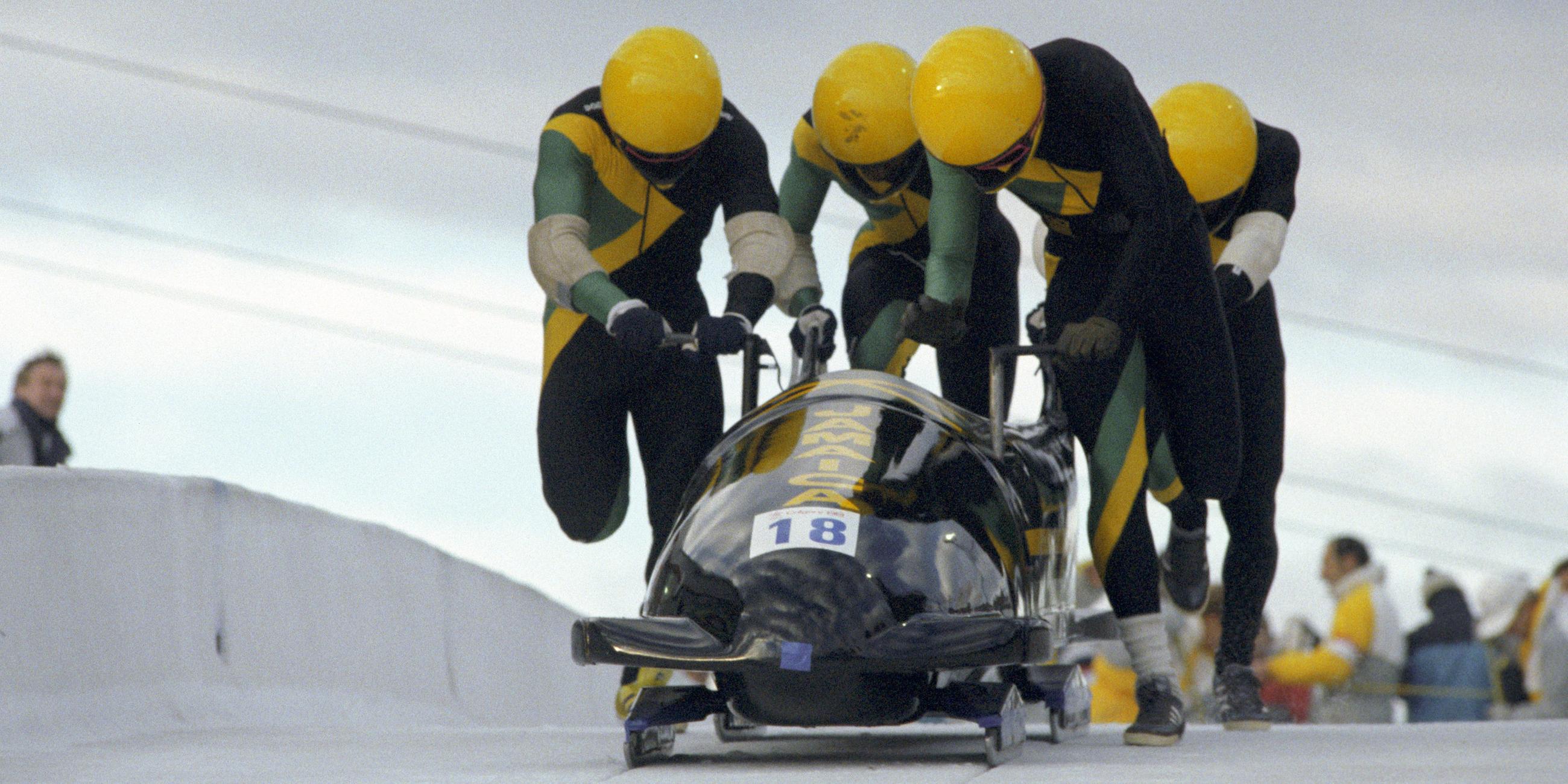 Das jamaikanische Vierer-Bob Team während der Olympischen Winterspiele 1988 in Calgary.