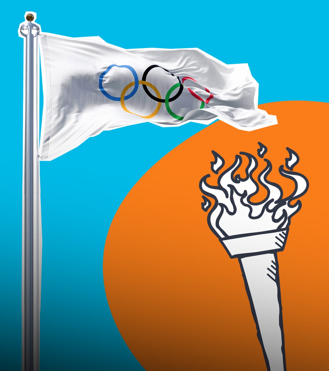 Flagge mit den Olympischen Ringen und Fackel auf blauem Hintergrund