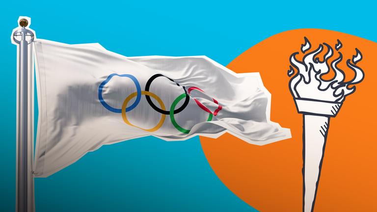 Flagge mit den Olympischen Ringen und Fackel auf blauem Hintergrund