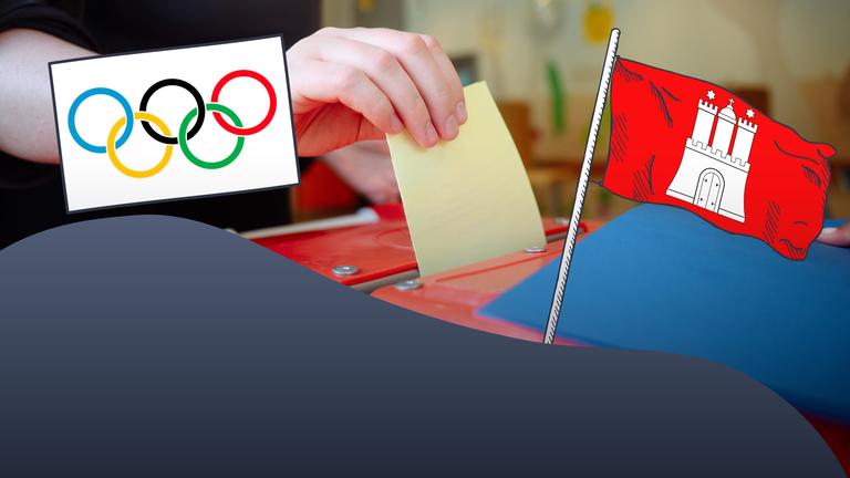 Wahlurne mit Hamburger Flagge und Symbol der Olympischen Ringe