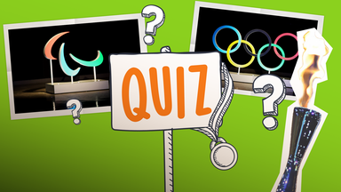 Bilder der Logos von den Olympischen Spielen und den Paralympics sowie eine Olympische Fackel und ein Schild mit dem Schriftzug "Quiz", alles auf grünem Hintergrund